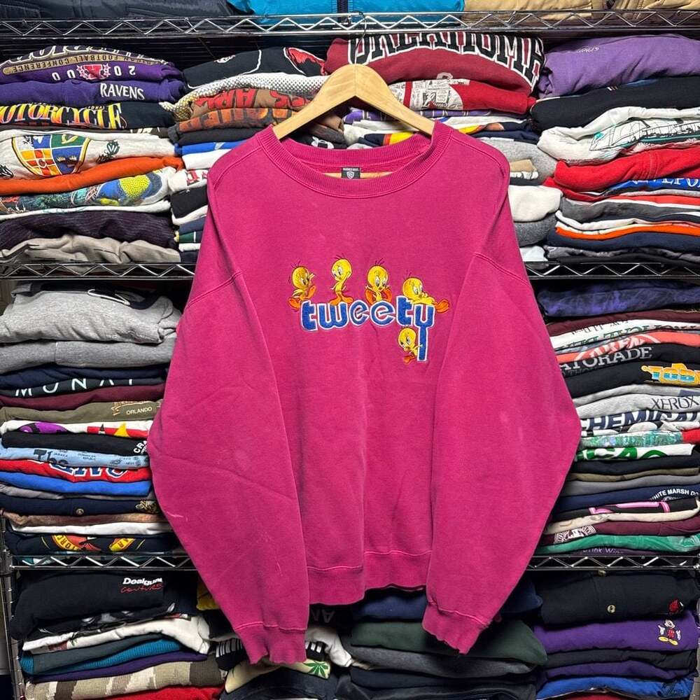 Vintage 90s Warner Bros. Tweety Bird Embroidered Magenta Crewneck Sweatshirt